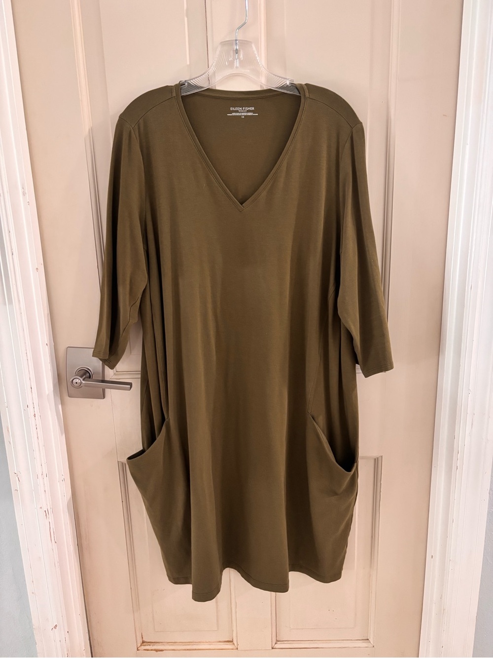 Eileen Fisher Olive Green V-Neck Midi Dress with Pockets